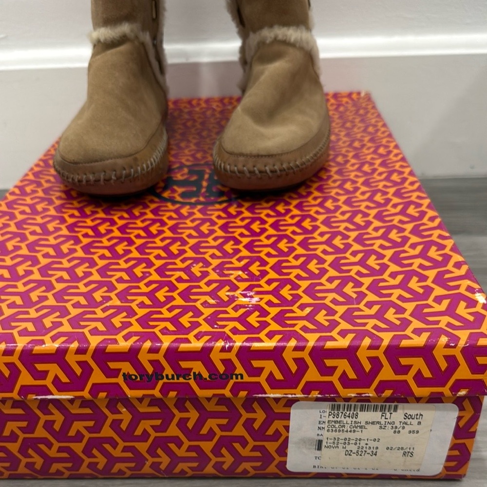 Tory Burch Knee High Shearling Camel Embellished Boot - Picture 3 of 12